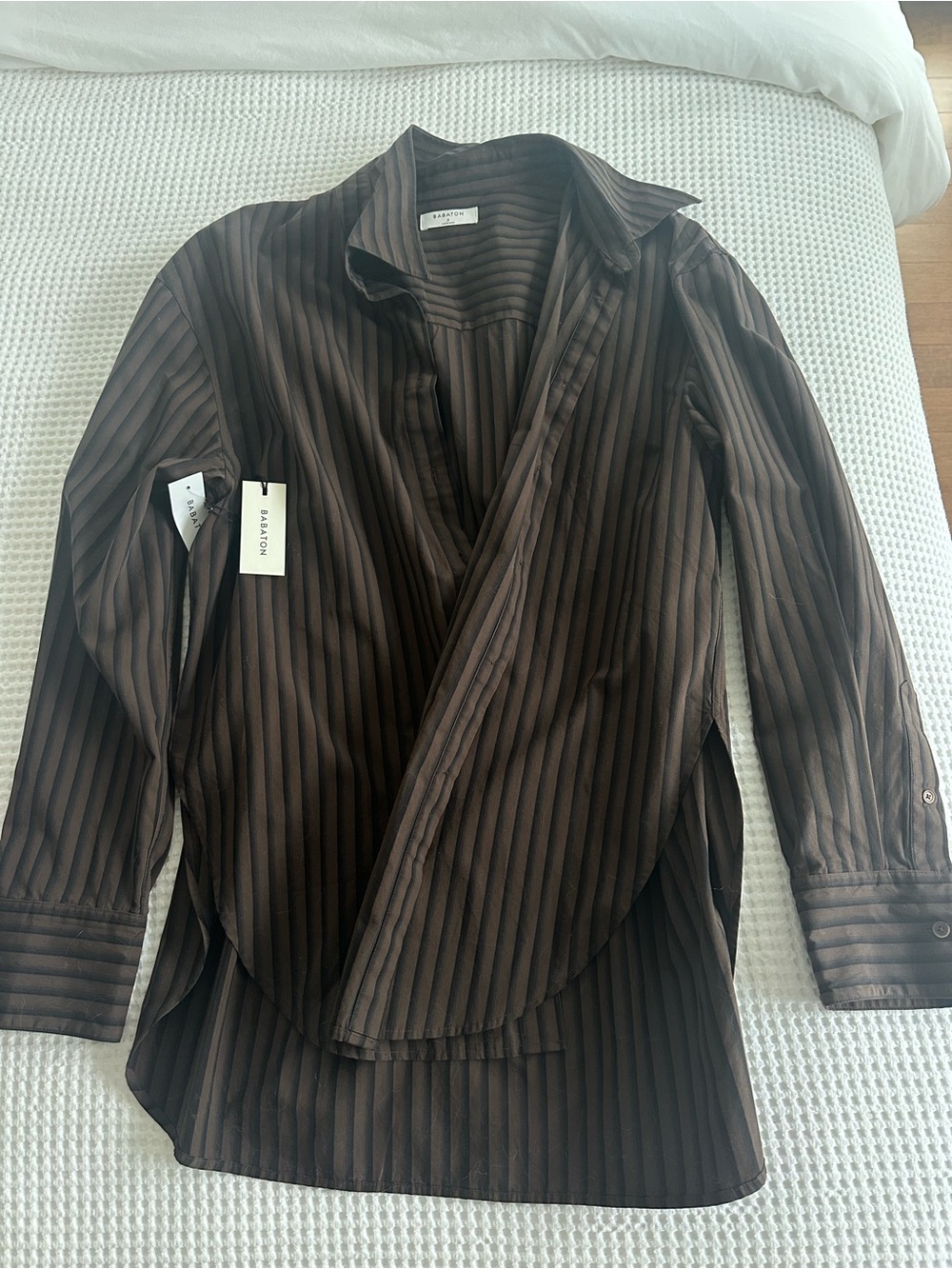 Aritzia Brown Striped Wrap-Front Button-up